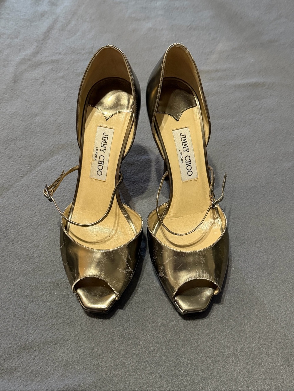 Jimmy Choo London Night Party Shoes Gold Metallic Open-Toe Ankle Pumps Heel ASIS